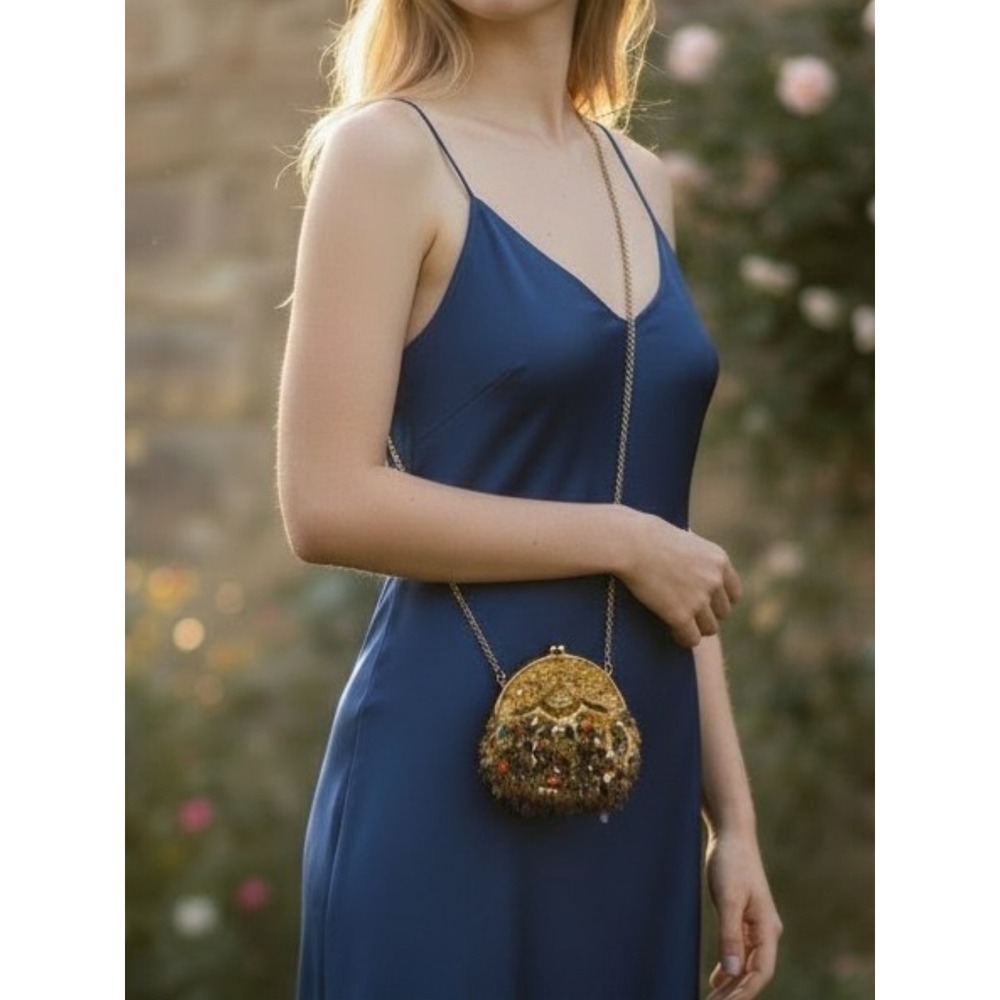 Vintage Beaded Sequin Evening Bag Gold Fringe Kiss Lock Boho Glam